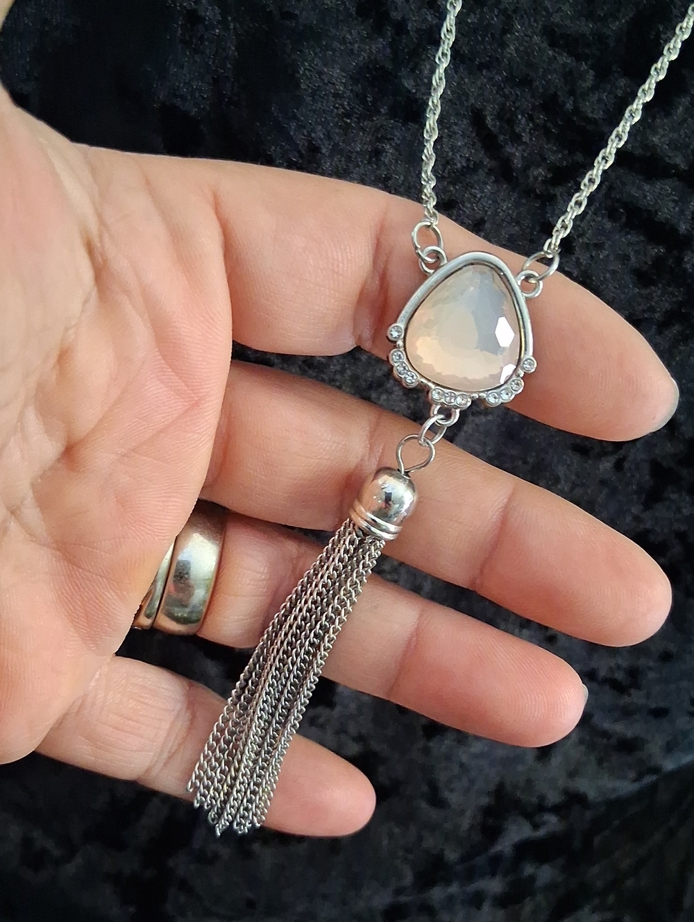 Silver Tassel Necklace with Pale Pink Teardrop Pendant 28 In Long